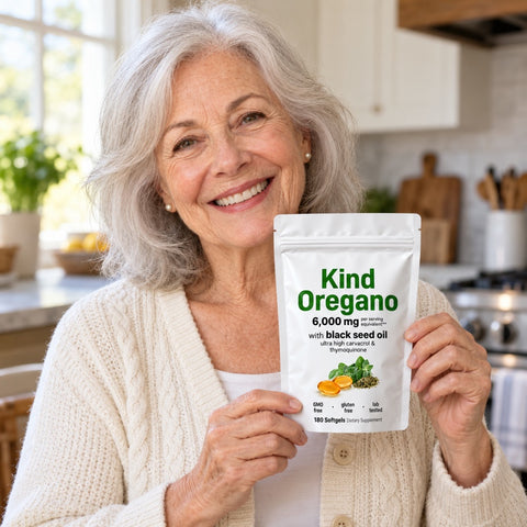 Older woman holding a Kind Oregano pouch